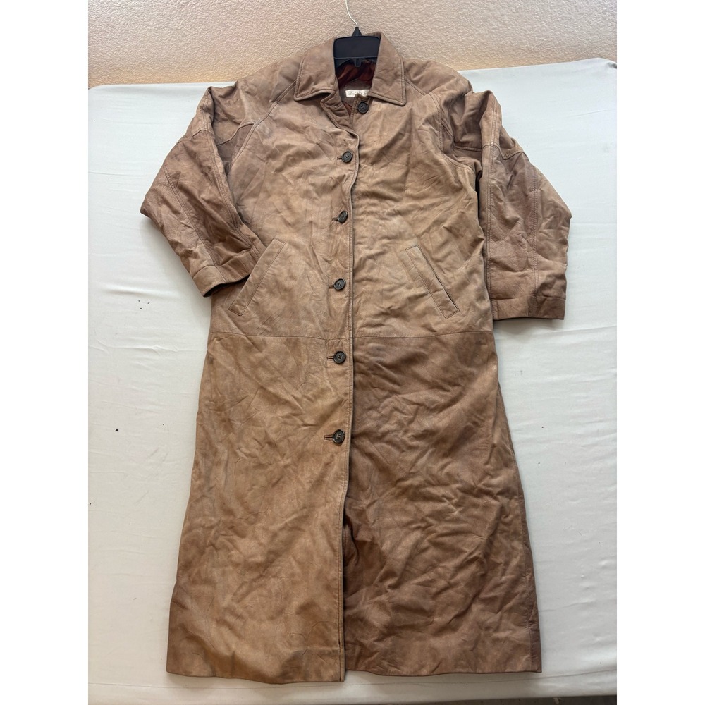 Ssatori Vintage Leather Trench Coat Brown Long Duster Jacket Mens Small